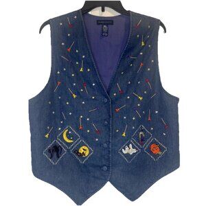 VTG Karen Scott Womens Halloween Embroidered Blue Denim Vest Sz L Grandma Mom